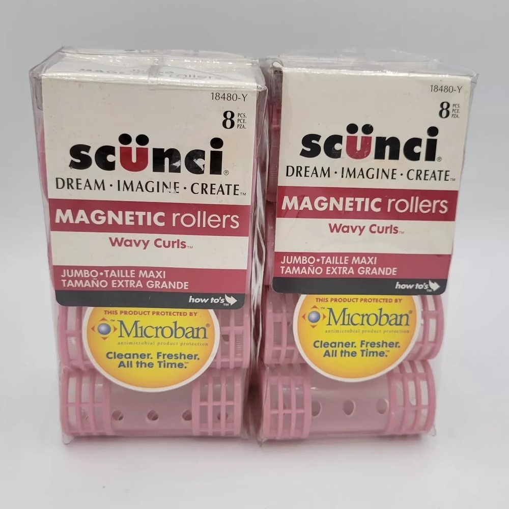 Scunci Pink Magnetic Rollers Wavy Curls Jumbo 8 Per Pack 2 Sets vtg Discontinued